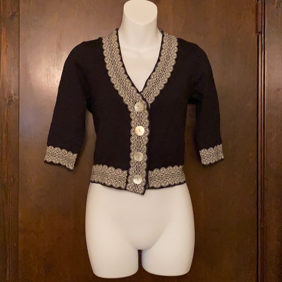 Bette Paige Sweaters - Bette Paige Black White Trim Copped Cardigan MOP Buttons VLV PinUp